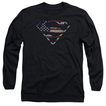 Superman Wartorn Flag Mens Long Sleeve Shirt Black Officially Licensed