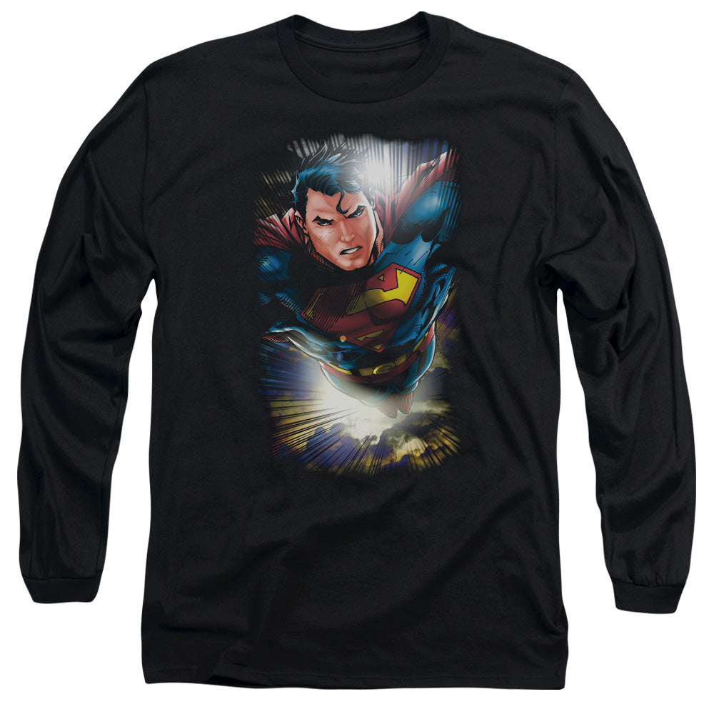Superman In The Sky Mens Long Sleeve Shirt Black Officially Licensed
