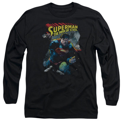 Superman Through The Rubble Mens Long Sleeve Shirt Black Officially Licensed