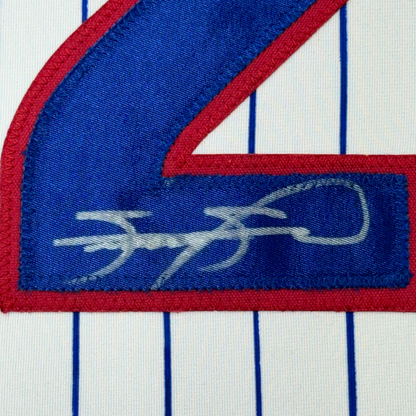 Framed Autographed/Signed Sammy Sosa 35x39 Chicago Pinstripe Baseball Jersey Beckett BAS COA