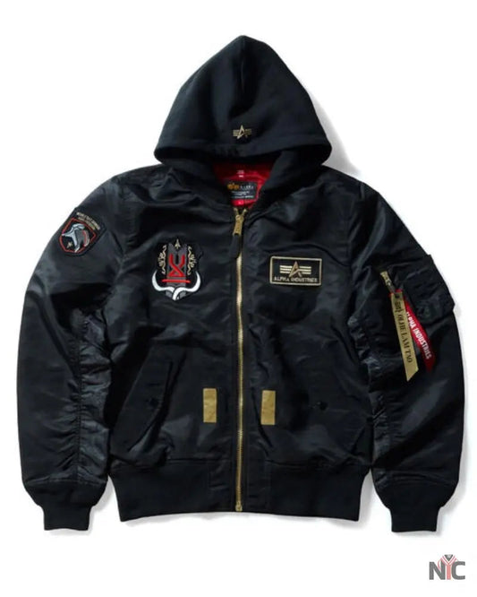 STRICT-G x ALPHA Mobile Suit Gundam SEED FREEDOM Black MA-1 Jacket