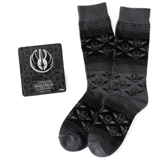 Star Wars Yoda Black Charcoal Dress Socks and Jedi Crest Lapel Pin Gift Set