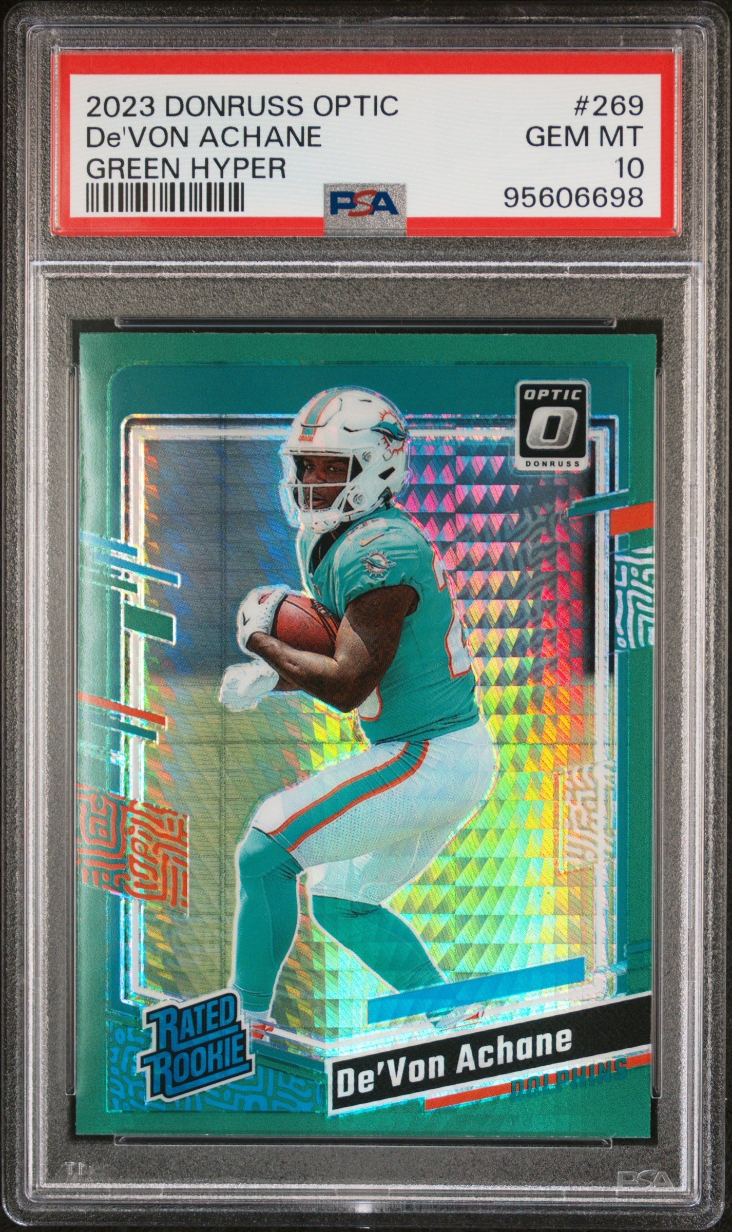 Graded 2023 Panini Donruss Optic Devon Achane #269 Green Hyper Rookie RC Football Card PSA 10 Gem Mint
