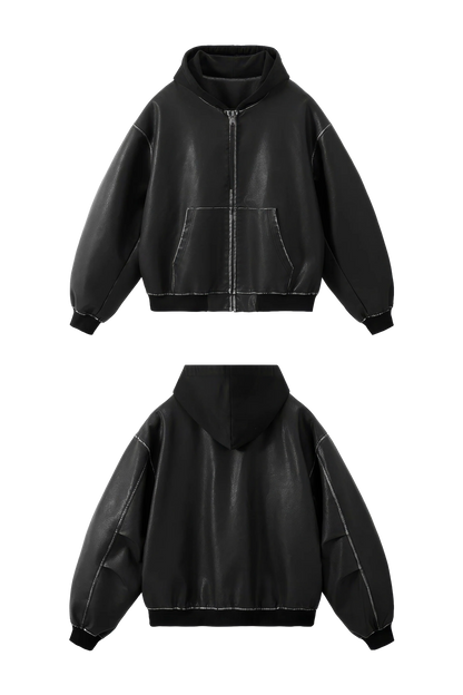 Washed Leather Hooded Jacket - Vintage American Street Style