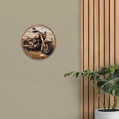 Round Faux Wooden Carved Painted Circular Wreath Sign, Entrance Decoration Gifts Motorcycle Themed Decoration