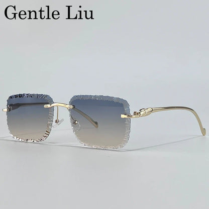 Fashion Square Rimless Punk Sunglasses Men 2025 Luxury Brand Cut Edge Frameless Sun Glasses For Male Leopard Head Eyewear Shades