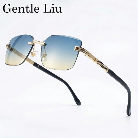 Square Rimless Photochromic Sunglasses Men 2026 Luxury Brand Vintage Gold Carved Sun Glasses Punk Outdoor Driving Eyewear Shades