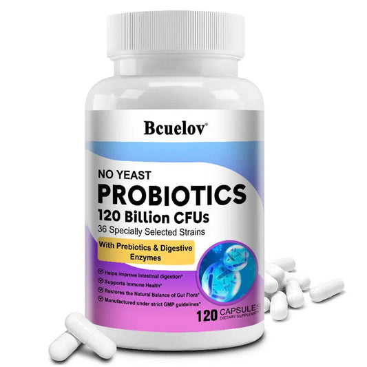 Bcuelov Probiotics 120 Billion CFU - 36 Strains with Prebiotics & Digestive Enzymes for Intestinal Digestion and Immune Support