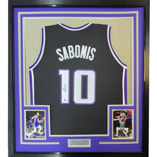 Framed Autographed/Signed Domantas Sabonis 35x39 Sacramento Black Basketball Jersey Beckett BAS COA