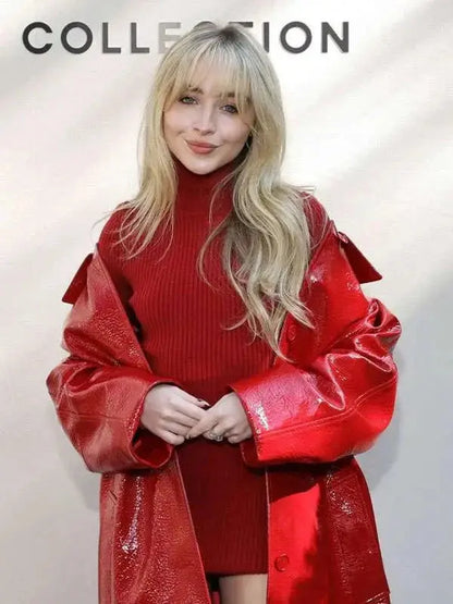 Sabrina Carpenter NYFW Red Leather Coat