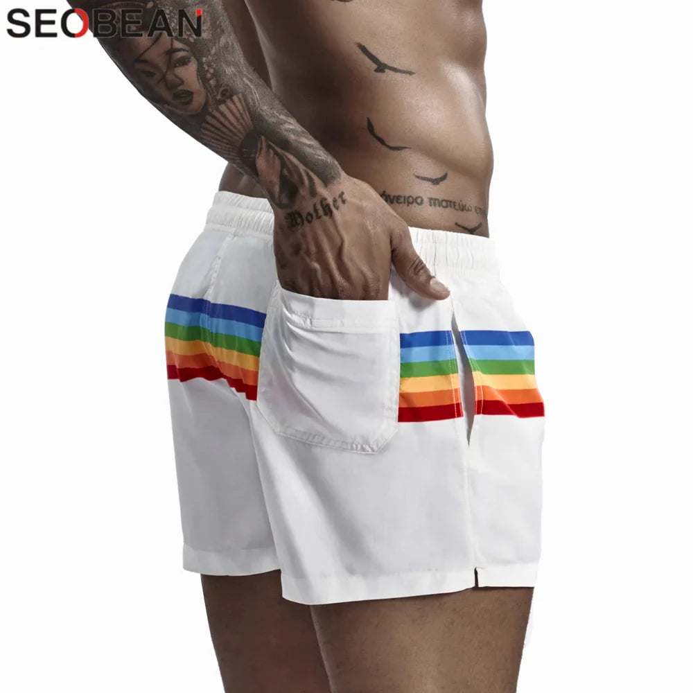 SEOBEAN Summer Men's Shorts 100% Polyester Quick Dry Beach Shorts Fashion Holiday Casual Board Shorts Stripes Shorts For Man