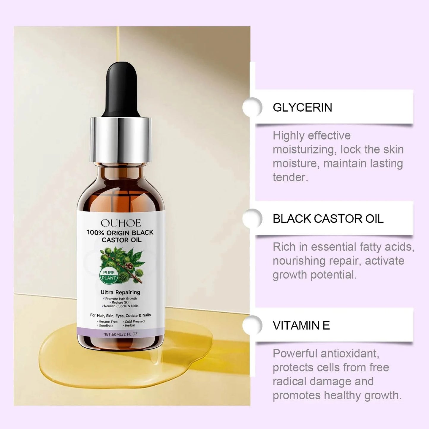 Black Castor Oil Essential Oil Makes Hair Smooth and Shiny. Multi-effect Care Essential Oil Suitable for Body Hair and Eyelashes