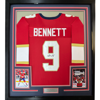 Framed Autographed/Signed Sam Bennett 35x39 Florida Red Hockey Jersey JSA COA