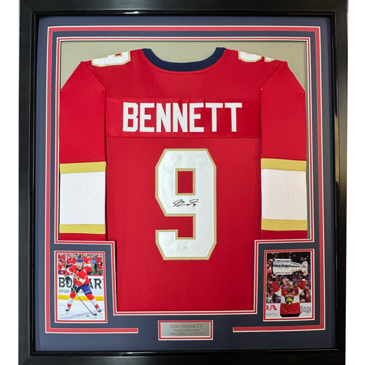 Framed Autographed/Signed Sam Bennett 35x39 Florida Red Hockey Jersey JSA COA