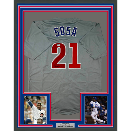 Framed Autographed/Signed Sammy Sosa 35x39 Chicago Grey Baseball Jersey Beckett BAS COA
