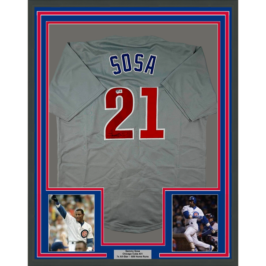 Framed Autographed/Signed Sammy Sosa 35x39 Chicago Grey Baseball Jersey Beckett BAS COA