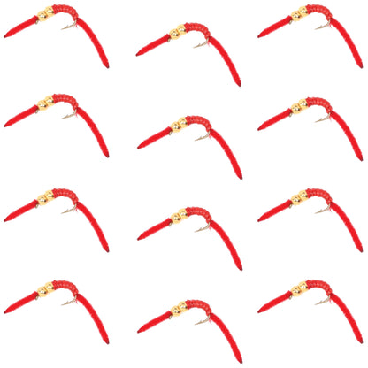 San Juan Double Bead Power Worm Red V-Rib - 1 Dozen Nymph Flies Hook Size 12