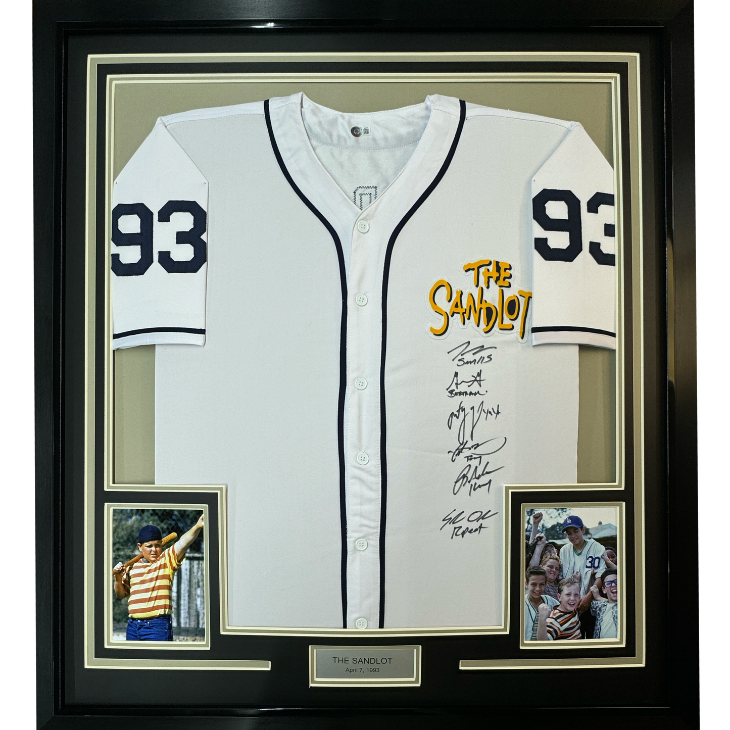 Framed Autographed/Signed The Sandlot Movie 35x39 6x Cast Member Sigs White Baseball Jersey Beckett BAS COA
