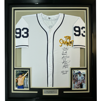 Framed Autographed/Signed The Sandlot Movie 35x39 6x Cast Member Sigs White Baseball Jersey Beckett BAS COA