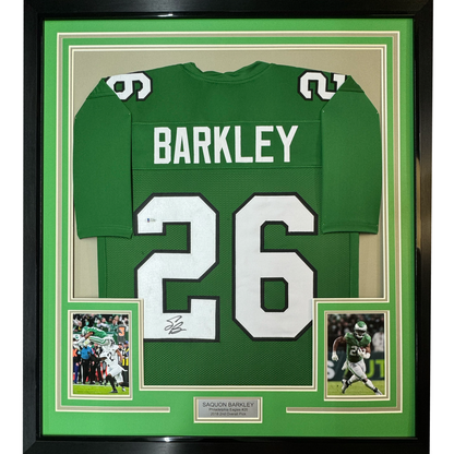 Framed Autographed/Signed Saquon Barkley 35x39 Philadelphia Kelly Green Football Jersey Beckett BAS COA