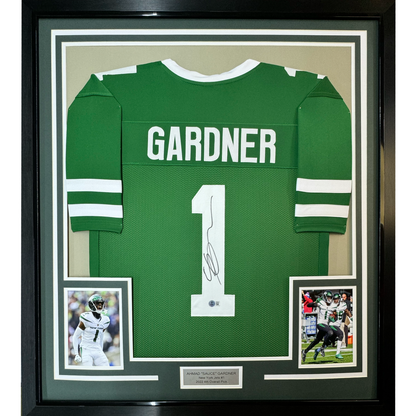 Framed Autographed/Signed Ahmad Sauce Gardner 35x39 New York Green Football Jersey Beckett BAS COA #2