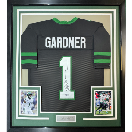 Framed Autographed/Signed Ahmad Sauce Gardner 35x39 New York Black Football Jersey Beckett BAS COA #2