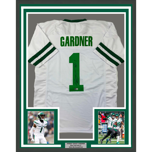 Framed Autographed/Signed Ahmad Sauce Gardner 35x39 New York White Retro Football Jersey Beckett BAS COA