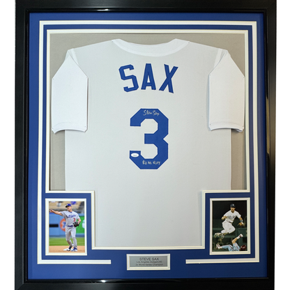 Framed Autographed/Signed Steve Sax 35x39 Los Angeles LA White Baseball Jersey JSA COA