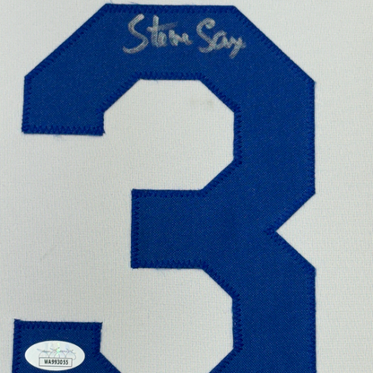 Framed Autographed/Signed Steve Sax 35x39 Los Angeles LA White Baseball Jersey JSA COA