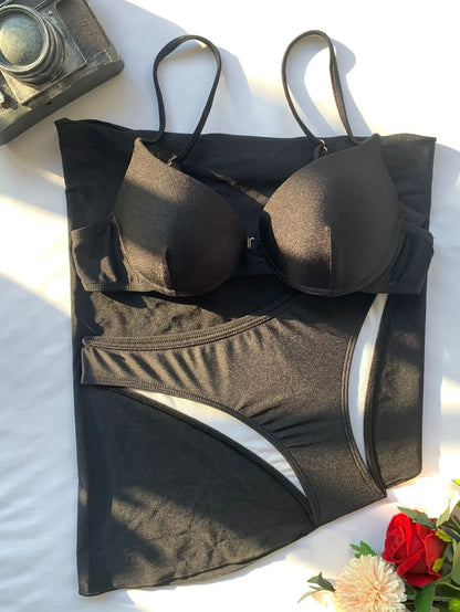 Women solid push up underwire three piece set