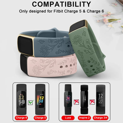 Fitbit Charge 5 6 Silicone Flower Engraved Soft Strap