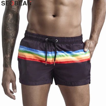 SEOBEAN Summer Men's Shorts 100% Polyester Quick Dry Beach Shorts Fashion Holiday Casual Board Shorts Stripes Shorts For Man