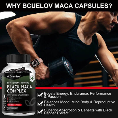 Black Maca & Ginseng Complex, Supports Energy, Muscle, Endurance, Mood, Focus, 120 Vegan Capsules