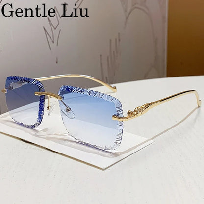 Fashion Square Rimless Punk Sunglasses Men 2025 Luxury Brand Cut Edge Frameless Sun Glasses For Male Leopard Head Eyewear Shades