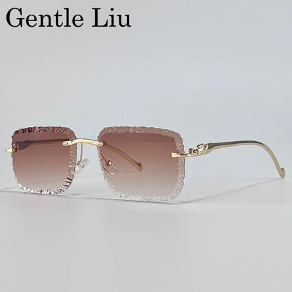 Fashion Square Rimless Punk Sunglasses Men 2025 Luxury Brand Cut Edge Frameless Sun Glasses For Male Leopard Head Eyewear Shades