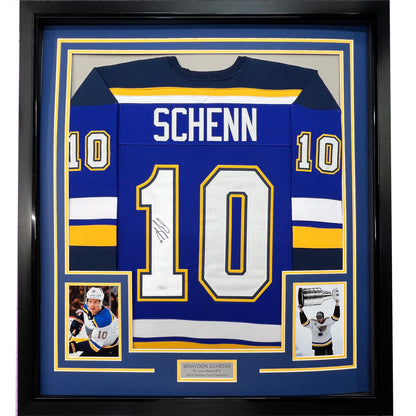 Framed Autographed/Signed Brayden Schenn 35x39 St. Louis Blue Hockey Jersey JSA COA