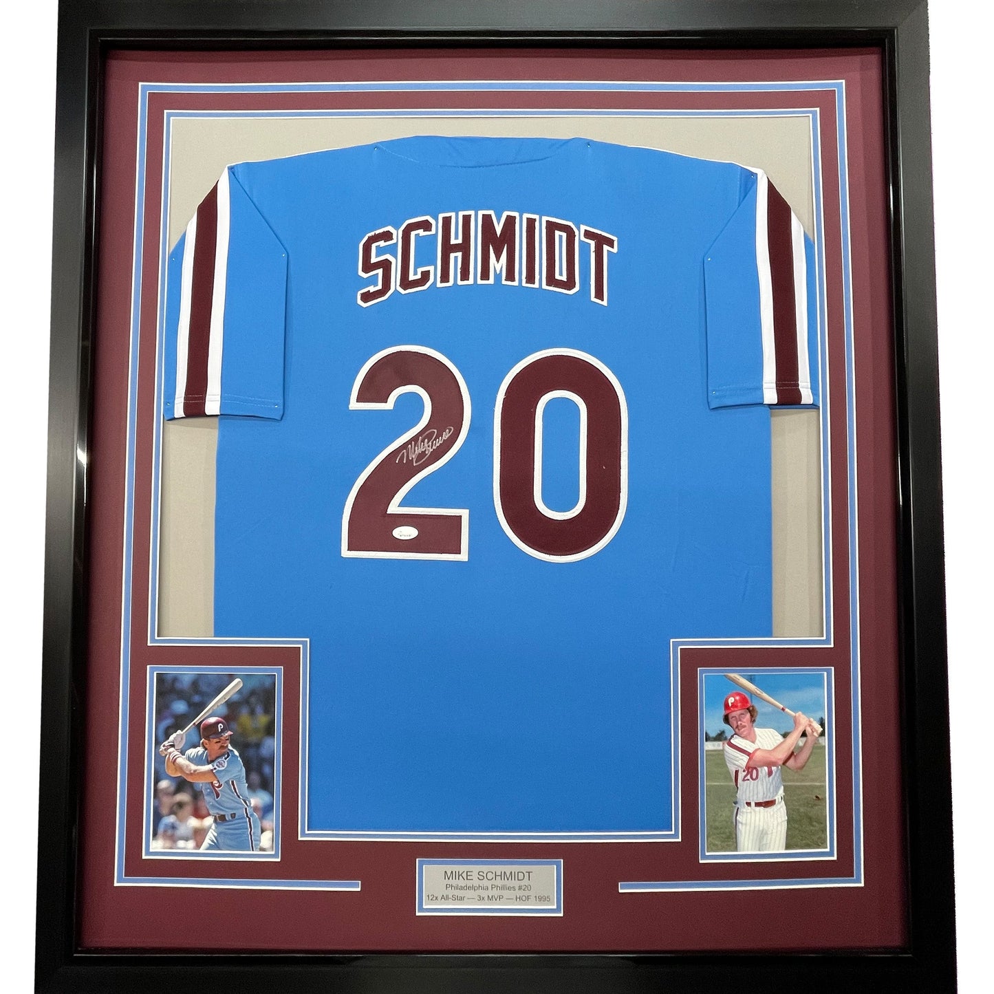 Framed Autographed/Signed Mike Schmidt 35x39 Philadelphia Retro Blue Baseball Jersey JSA COA