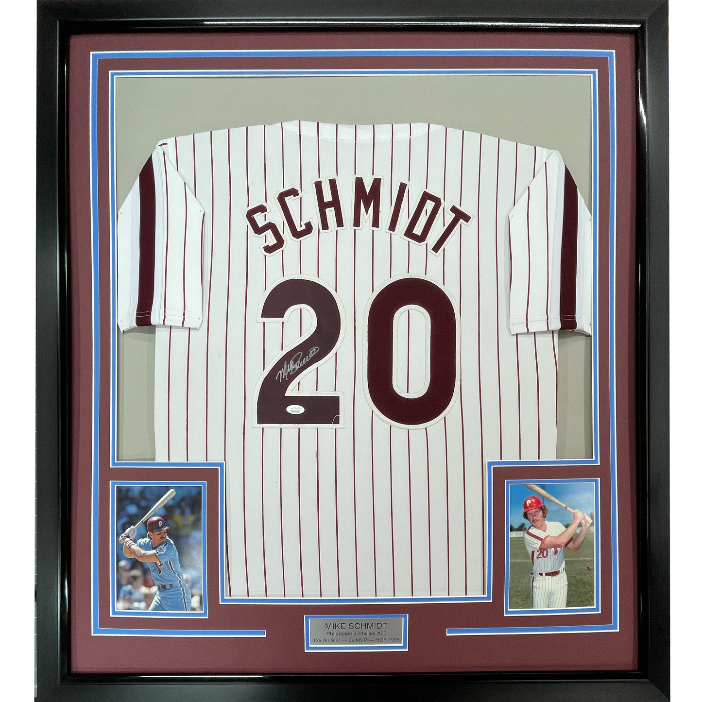Framed Autographed/Signed Mike Schmidt 35x39 Philadelphia Pinstripe Baseball Jersey JSA COA