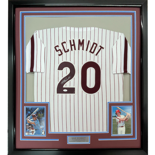Framed Autographed/Signed Mike Schmidt 35x39 Philadelphia Pinstripe Baseball Jersey JSA COA
