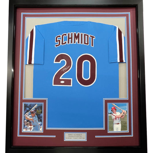 Framed Autographed/Signed Mike Schmidt 35x39 Philadelphia Retro Blue Baseball Jersey JSA COA