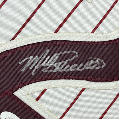 Framed Autographed/Signed Mike Schmidt 35x39 Philadelphia Pinstripe Baseball Jersey JSA COA