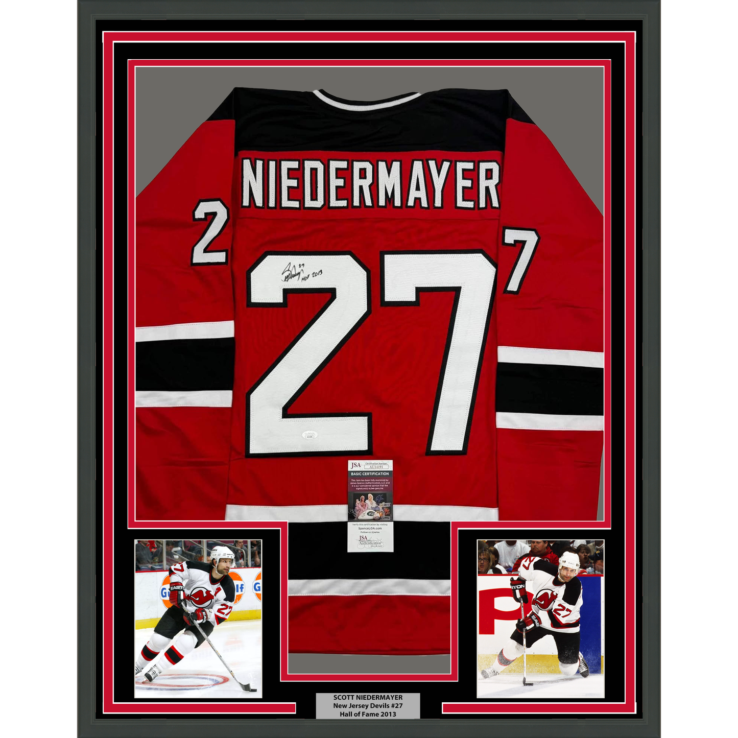 Framed Autographed/Signed Scott Niedermayer "HOF 2013" 35x39 New Jersey Red Hockey Jersey JSA COA