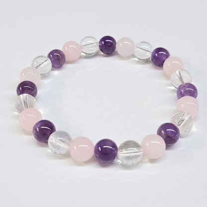 Amethyst, Clear & Rose Quartz Round Bead Bracelet 8mm