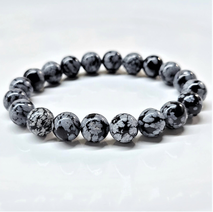 Snowflake Obsidian Round Bead Bracelet - Stone of Purification & Balance