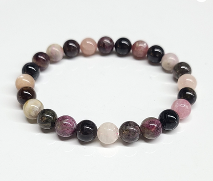 Multi Color Tourmaline Round Bead Bracelet - Stone of Joy & Emotional Healing