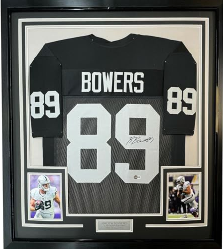 Framed Autographed/Signed Brock Bowers 35x39 Las Vegas Oakland Black Football Jersey Beckett BAS COA