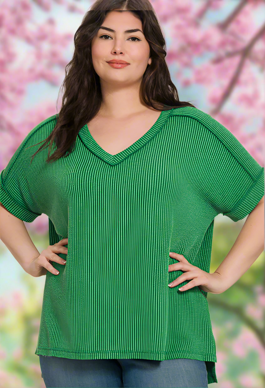 Plus Corded Rib Short Sleeve Hi-Low Dark Green V Neck Top