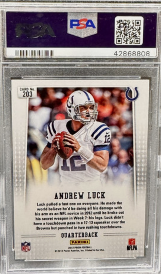 Graded 2012 Panini Prizm Andrew Luck #203 Turned Sideways Rookie RC Football Card PSA 10 Gem Mint