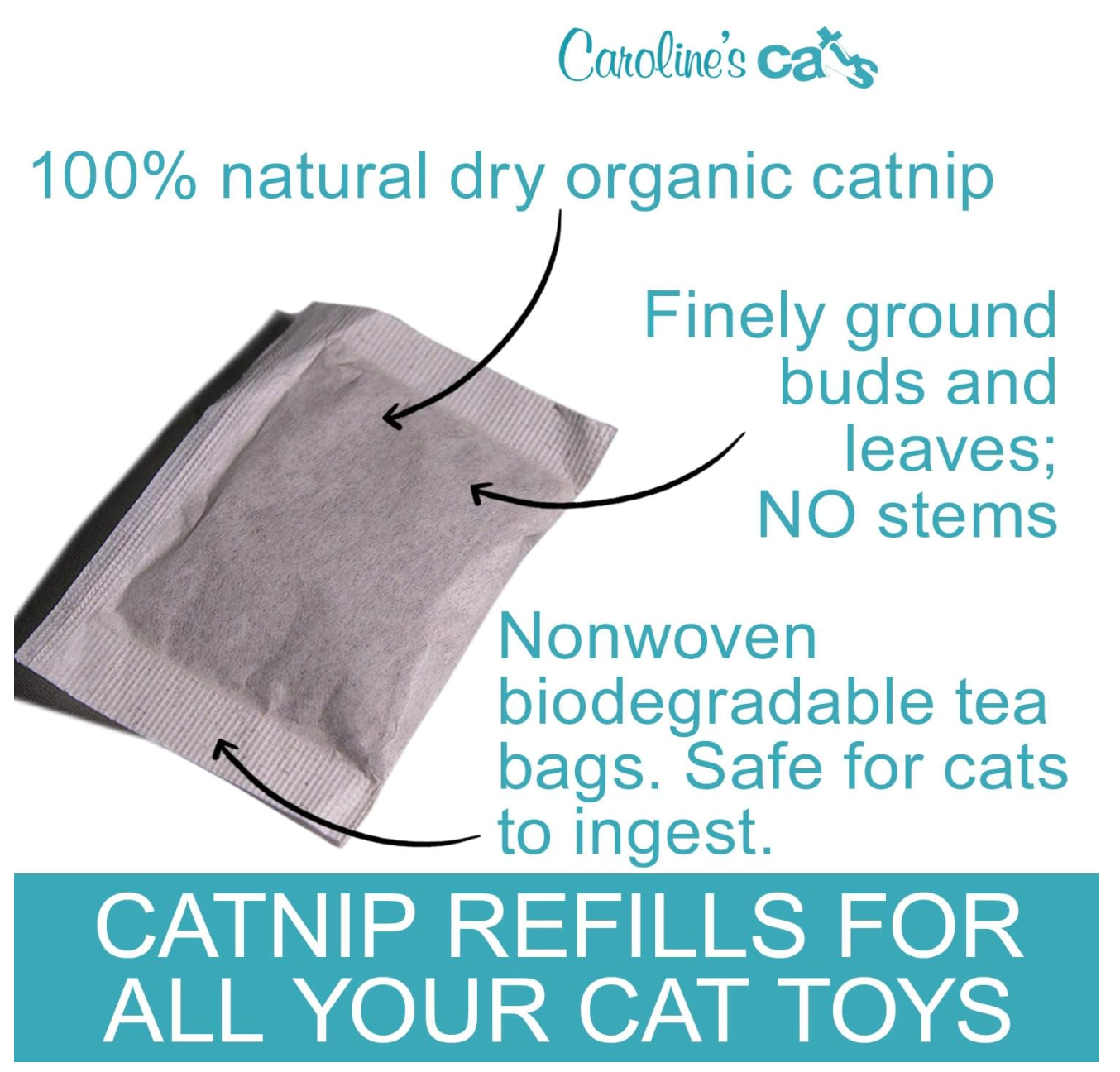Caroline's Cats Organic Catnip Packets for Cat Toys – Refill Pouches for Flapping Bird, Flopping Fish, and More, 10 Tea Bags