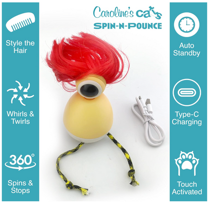Caroline's Cats Spin-N-Pounce Rechargeable Automatic Interactive Indoor Dancing Cat Toy; Touch Sensor & Auto Shut Off, 360° Rotation, Silent Motor, LED Light, Simulates Prey for Hunting & Exercise